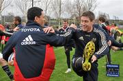 24 November 2011; Munster's Ronan O'Gara, right, and Doug Howlett warm up during squad training ahead of their Celtic League match against Edinburgh on Saturday. Munster Rugby Squad Training, CIT, Cork. Picture credit: Diarmuid Greene / SPORTSFILE