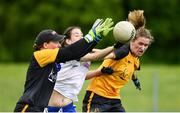 20 May 2017; Linda Martin, left, and Ailish Cornyn of Ulster in action against Aine Tighe of Connacht during the MMI Ladies Football Interprovincial Tournament match between Connacht and Ulster at Gavan Diffy Park in Monaghan. Photo by Ramsey Cardy/Sportsfile