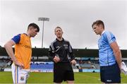 20 May 2017; Ciarán Reilly of Longford and Donal Ryan of Dublin with referee Séamus Mulhare during the coin toss ahead of the Electric Ireland Leinster GAA Minor Football Championship Quarter-Final match between Dublin and Longford at Parnell Park in Dublin. Photo by Sam Barnes/Sportsfile