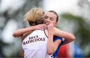 20 May 2017; Jodie McCann, Institute of Education, right, is congratulated by Lauren Tinkler, HFCS Rathcoole, after winning the senior girls 1500m event during day 2 of the Irish Life Health Leinster Schools Track & Field Championships at Morton Stadium in Dublin. Photo by Stephen McCarthy/Sportsfile