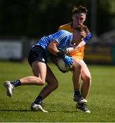 20 May 2017; Seán Hawkshaw of Dublin in action against Gerard Flynn of Longford during the Electric Ireland Leinster GAA Minor Football Championship Quarter-Final match between Dublin and Longford at Parnell Park in Dublin. Photo by Sam Barnes/Sportsfile