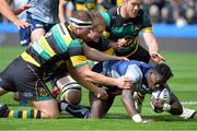 20 May 2017; Niyi Adeolokun of Connacht goes over to score a try despite the tackle from Dylan Hartley of Northampton Saints during the Champions Cup Playoff match between Northampton Saints and Connacht at Franklins Gardens in Northampton. Photo by Robin Parker/Sportsfile