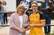 20 May 2017; Caroline O'Hanlon of Ulster is presented with the Player of the Tournament award by Marie Hickey, President of the LGFA, following the MMI Ladies Football Interprovincial Tournament final between Munster and Ulster at Gavan Diffy Park in Monaghan. Photo by Ramsey Cardy/Sportsfile