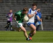 20 May 2017; Jack Love of Fermanagh in action against Karl McMenamin of  Monaghan during the Ulster GAA Football Minor Championship Preliminary Round match between Monaghan and Fermanagh at St Tiernach's Park in Clones, Co. Monaghan. Photo by Oliver McVeigh/Sportsfile