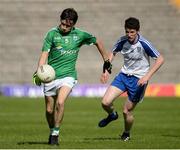 20 May 2017; Kevin Smyth of Fermanagh in action against Tiarnan Duffy of  Monaghan during the Ulster GAA Football Minor Championship Preliminary Round match between Monaghan and Fermanagh at St Tiernach's Park in Clones, Co. Monaghan. Photo by Oliver McVeigh/Sportsfile