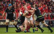 20 May 2017; Rory Scannell of Munster is tackled by Alun Wyn Jones, left, and Alun Wyn Jones of Ospreys during the Guinness PRO12 semi-final match between Munster and Ospreys at Thomond Park in Limerick. Photo by Brendan Moran/Sportsfile