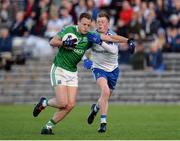 20 May 2017; Lee Cullen of Fermanagh in action against Ryan McAnespie of Monaghan during the Ulster GAA Football Senior Championship Preliminary Round match between Monaghan and Fermanagh at St Tiernach's Park in Clones, Co. Monaghan. Photo by Oliver McVeigh/Sportsfile