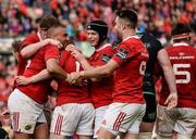 20 May 2017; Simon Zebo of Munster celebrates with team-mates after scoring his side's second try during the Guinness PRO12 semi-final between Munster and Ospreys at Thomond Park in Limerick. Photo by Diarmuid Greene/Sportsfile