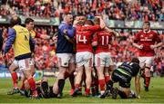 20 May 2017; Simon Zebo of Munster celebrates with team-mates after scoring his side's second try during the Guinness PRO12 semi-final between Munster and Ospreys at Thomond Park in Limerick. Photo by Diarmuid Greene/Sportsfile