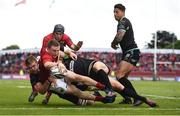20 May 2017; Andrew Conway of Munster scores his side's third try despite the tackles of Olly Cracknell and Tom Habberfield of Ospreys during the Guinness PRO12 semi-final match between Munster and Ospreys at Thomond Park in Limerick. Photo by Brendan Moran/Sportsfile