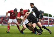 20 May 2017; Andrew Conway of Munster beats the tackles of Olly Cracknell and Tom Habberfield of Ospreys to score his side's third try during the Guinness PRO12 semi-final match between Munster and Ospreys at Thomond Park in Limerick. Photo by Brendan Moran/Sportsfile