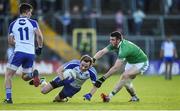20 May 2017; Jack McCarron of Monaghan in action against Mickey Jones of Fermanagh during the Ulster GAA Football Senior Championship Preliminary Round match between Monaghan and Fermanagh at St Tiernach's Park in Clones, Co. Monaghan. Photo by Philip Fitzpatrick/Sportsfile