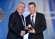 25 November 2011; Referee Joe McQuillan, from Cavan, is presented with his GAA Football All-Ireland Senior Championship referees' award by Uachtarán CLG Criostóir Ó Cuana. 2011 National Referees' Awards Banquet, Croke Park, Dublin. Picture credit: Barry Cregg / SPORTSFILE