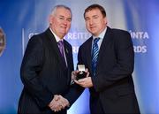 25 November 2011; Referee Michael Wadding, from Waterford, is presented with his Allianz Hurling League Division 1 and Fitzgibbon Cup referees' award by Uachtarán CLG Criostóir Ó Cuana. 2011 National Referees' Awards Banquet, Croke Park, Dublin. Picture credit: Barry Cregg / SPORTSFILE