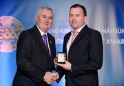 25 November 2011; Referee Padraig O'Sullivan, from Kerry, is presented with his AIB GAA Football All-Ireland Intermediate Club Championship referees' award by Uachtarán CLG Criostóir Ó Cuana. 2011 National Referees' Awards Banquet, Croke Park, Dublin. Picture credit: Barry Cregg / SPORTSFILE