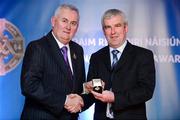 25 November 2011; Referee Pat Green, from Galway, is presented with his Allianz Hurling League Division 3B referees' award by Uachtarán CLG Criostóir Ó Cuana. 2011 National Referees' Awards Banquet, Croke Park, Dublin. Picture credit: Barry Cregg / SPORTSFILE