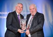 25 November 2011; Referee of the 1977 All-Ireland hurling final Sean O'Grady, from Limerick, is presented with his Hall of Fame award by Uachtarán CLG Criostóir Ó Cuana. 2011 National Referees' Awards Banquet, Croke Park, Dublin. Picture credit: Barry Cregg / SPORTSFILE