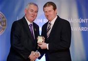 25 November 2011; Referee Michael Haverty, from Galway, is presented with his Retiring Referees' award by Uachtarán CLG Criostóir Ó Cuana. 2011 National Referees' Awards Banquet, Croke Park, Dublin. Picture credit: Barry Cregg / SPORTSFILE