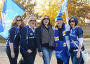 26 November 2011; Leinster fans, from left, Aoife de Burca, from Dublin, Rebecca Leggett, from Wicklow, Paula Doherty, from Stepaside, Co. Dublin, Clare Egan, from Miltown, Co. Dublin, and Aisling O'Connor, from Ratoath, Co. Meath, on their way to the match. Celtic League, Treviso v Leinster, Stadio Di Mongio, Treviso. Photo by Sportsfile
