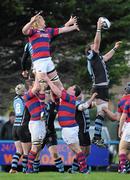 26 November 2011; Ken Hanley, Shannon, wins possession in the lineout ahead of Jamie Chipman, Clontarf. Ulster Bank League Division 1A, Clontarf v Shannon, Castle Avenue, Clontarf, Dublin. Picture credit: Matt Browne / SPORTSFILE