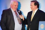 25 November 2011; Referee of the 1977 All-Ireland hurling final Sean O'Grady, from Limerick, being interviewed on stage by Master of Ceremonies Marty Morrissey after receiving his Hall of Fame award by Uachtarán CLG Criostóir Ó Cuana. 2011 National Referees' Awards Banquet, Croke Park, Dublin. Picture credit: Barry Cregg / SPORTSFILE