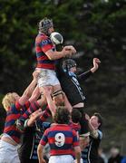 26 November 2011; Conor O'Keeffe, Clontarf, wins possession for his side in the lineout ahead of Fergal Walsh, Shannon. Ulster Bank League Division 1A, Clontarf v Shannon, Castle Avenue, Clontarf, Dublin. Picture credit: Matt Browne / SPORTSFILE