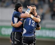 26 November 2011; Shane Jennings, left, and Ian Madigan, right, Leinster, congratulate team-mate Eoin O'Malley after scoring his side's third try. Celtic League, Treviso v Leinster, Stadio Di Mongio, Treviso. Photo by Sportsfile