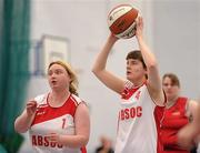 26 November 2011; Faye Boyd, Antrim Borough Special Olympics Club, with support from team-mate Wilma Smit. 2011 Special Olympics Ireland National Basketball Cup - Women, Cope Foundation, Cork, v Antrim Borough Special Olympics Club, Corduff Sports Centre, Blanchardstown, Dublin. Picture credit: Stephen McCarthy / SPORTSFILE