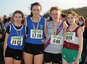 27 November 2011; Athletes, from left, Louise Shanahan, Leevale AC, Cork, Aisling Quinn, Waterford, Sarah Fitzpatrick, Dundrum South Dublin AC, and Linda Conroy, Mullingar Harriers AC, Co. Westmeath, after the Girl's U16 race at the Woodie’s DIY Inter County Cross Country Championships. Sligo Racecourse, Sligo. Picture credit: Pat Murphy / SPORTSFILE