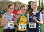 27 November 2011; Gina Dolan, Annalee AC, winner of the Girl's U18 race at the Woodie’s DIY Inter County Cross Country Championships with second placed Sorcha Humphries, Dundrum South Dublin AC, left, and third placed Bronagh Kearns, St. Senans AC, Co. Kilkenny, right. Sligo Racecourse, Sligo. Picture credit: Pat Murphy / SPORTSFILE