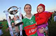 27 November 2011; Cora Staunton, Carnacon, and her niece Aoife Conroy, age 2, celebrate with the Dolores Tyrrell Memorial Cup. Tesco All-Ireland Senior Ladies Football Club Championship Final, Carnacon v Na Fianna, Ballymahon, Co. Longford. Picture credit: David Maher / SPORTSFILE