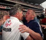 30 August 1998; Kerry manager Páidí O'Sé congratulates Kildare manager Mick O'Dwyer on Kildare's victory. All-Ireland Football semi-final, Kildare v Kerry, Croke Park. Picture credit: Ray McManus / SPORTSFILE
