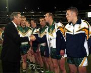 8 October 1999; Brian Stynes, 2nd from right is introduced to AFL President Ron Evans by the Irish captain John McDermott before Ireland's victory over Australia is the first Test at the Melbourne Cricket Grounds, Melbourne, Australia. Picture credit, Ray McManus/SPORTSFILE
