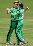 21 May 2017; Craig Young of Ireland, left, celebrates with team-mate William Porterfield after bowling Luke Ronchi of New Zealand during the One Day International match between Ireland and New Zealand at Malahide Cricket Club in Dublin. Photo by Cody Glenn/Sportsfile