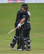 21 May 2017; Tom Latham of New Zealand is hugged by team-mate Ross Taylor after hitting 100 during the One Day International match between Ireland and New Zealand at Malahide Cricket Club in Dublin. Photo by Cody Glenn/Sportsfile