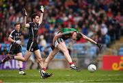 21 May 2017; Diarmuid O'Connor of Mayo shoots to score his side's first goal despite the attention of John Kelly of Sligo during the Connacht GAA Football Senior Championship Quarter-Final match between Mayo and Sligo at Elvery's MacHale Park in Castlebar, Co Mayo. Photo by Stephen McCarthy/Sportsfile