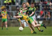 21 May 2017; Jack McKelvey of Donegal in action against John McCaffrey of Antrim during the Electric Ireland Ulster GAA Football Minor Championship Quarter - Final match between Donegal and Antrim at MacCumhaill Park in Ballybofey, Co Donegal. Photo by Oliver McVeigh/Sportsfile