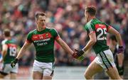 21 May 2017; Cillian O'Connor is congratulated by his Mayo team-mate Danny Kirby, right, after scoring their second goal during the Connacht GAA Football Senior Championship Quarter-Final match between Mayo and Sligo at Elvery's MacHale Park in Castlebar, Co. Mayo. Photo by Stephen McCarthy/Sportsfile
