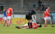 21 May 2017; Eóin O'Connor of Louth in conversation with referee Niall Cullen after picking up an injury during the Leinster GAA Football Senior Championship Round 1 match between Louth and Wicklow at Parnell Park in Dublin. Photo by Piaras Ó Mídheach/Sportsfile