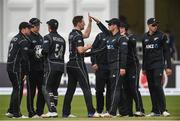 21 May 2017; Matt Henry of New Zealand, fourth from left, and team-mates celebrate the wicket of Paul Stirling of Ireland during the One Day International match between Ireland and New Zealand at Malahide Cricket Club in Dublin. Photo by Cody Glenn/Sportsfile