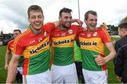 21 May 2017; Carlow's Paul Broderick, left, Eoghan Ruth, centre, and Sean Gannon celebrates following the Leinster GAA Football Senior Championship Round 1 match between Carlow and Wexford at Netwatch Cullen Park in Carlow. Photo by Ramsey Cardy/Sportsfile