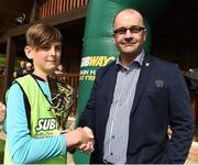 21 May 2017;  Ryan Delaney of  Cork Schoolboys League is presented with the man of the match award from Eamonn Duggan of Subway at the end of the Subway SFAI U12 Final match between Cork Schoolboys League and Dublin District Schoolboys League in Cahir, Co Tipperary. Photo by David Maher/Sportsfile