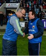 21 May 2017; Laois manager Peter Creedon shakes hands with Longford manager Denis Connerton after the Leinster GAA Football Senior Championship Round 1 match between Laois and Longford at O'Moore Park in Portlaoise, Co Laois. Photo by Daire Brennan/Sportsfile