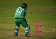 21 May 2017; Gary Wilson of Ireland is bowled by Matt Henry of New Zealand during the One Day International match between Ireland and New Zealand at Malahide Cricket Club in Dublin. Photo by Cody Glenn/Sportsfile