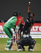 21 May 2017; Ish Sodhi of New Zealand bowls to George Dockrell of Ireland during the One Day International match between Ireland and New Zealand at Malahide Cricket Club in Dublin. Photo by Cody Glenn/Sportsfile