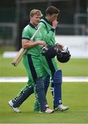 21 May 2017; Ireland team-mates Barry McCarthy, left, and Peter Chase walk off after the last wicket of the match during the One Day International match between Ireland and New Zealand at Malahide Cricket Club in Dublin. Photo by Cody Glenn/Sportsfile