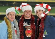 30 November 2011; Christmas Party at the Aviva! There will be a Christmas party atmosphere in the Aviva stadium on Saturday December 17 when Leinster take on Bath in the crucial Heineken Cup match just over a week before Santa visits. Pictured in their new Christmas jumpers are Leinster stars, from left, Sean Cronin, Nathan White and Shane Jennings. Leinster supporters are being asked to wear Christmas jumpers on the night and get in the charity spirit to help raise essential funds for Leinster’s five charities – Welcome Home, Barretstown, Bray Lakers, Action Breast Cancer and St John Ambulance. A charity text campaign will run on the evening and Leinster followers will be asked to donate €2.50 to support these worthy causes. For more information or to purchase tickets please see www.leinsterrugby.ie The Christmas jumper fun is supported by www.christmasjumperday.com. Aviva Stadium, Lansdowne Road, Dublin. Picture credit: Brendan Moran / SPORTSFILE