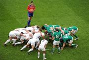 20 August 2011; The Ireland pack prepare to engage in a scrum against France watched by referee Craig Joubert. Rugby World Cup Warm-up game, Ireland v France, Aviva Stadium, Lansdowne Road, Dublin. Picture credit: Ray McManus / SPORTSFILE
