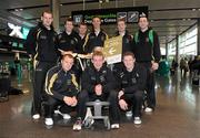 30 November 2011; Kilkenny hurlers, back row from left, Jackie Tyrrell, Michael Rice, Richie Power, Brian Hogan, John Dalton, and Eoin Larkin, and front row from left, Tommy Walsh, Richie Hogan, and Paul Murphy, prior to departure for San Francisco for the GAA GPA All-Stars Tour 2011 sponsored by Opel.  Dublin Airport, Dublin. Picture credit: Brian Lawless / SPORTSFILE