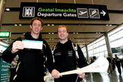 30 November 2011; Kilkenny hurlers Michael Fennelly, left, and JJ Delaney, prior to departure for San Francisco for the GAA GPA All-Stars Tour 2011 sponsored by Opel.  Dublin Airport, Dublin. Picture credit: Brian Lawless / SPORTSFILE